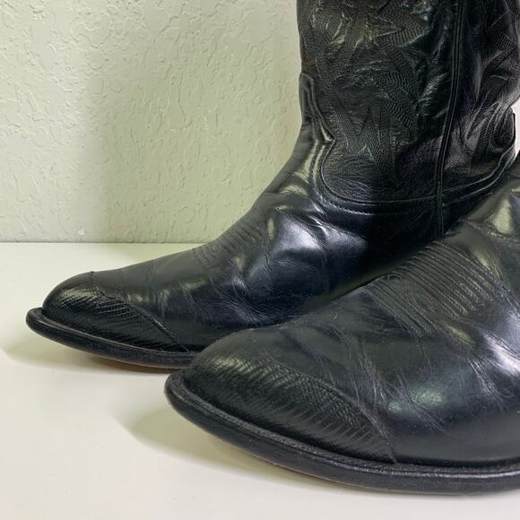 TONY LAMA‎ Boots Vintage 9.5 D Black Cowboy Calf Leather w/Lizard Wingtip CY3505 - Picture 2 of 9
